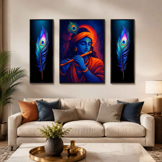 Krishna 3 Panel Mdf Wall Frame Wall Art Painting 16.5x12in (1 Pc)