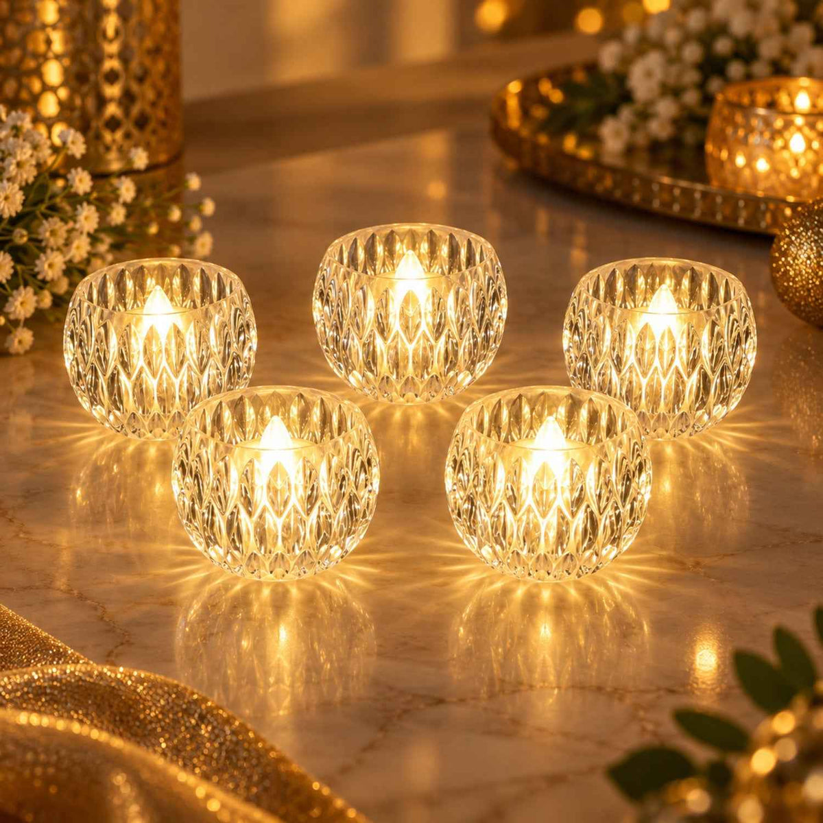 Crystal Style Led Decorative Candles For Festive Tabletop Decor (5 Pc Set)