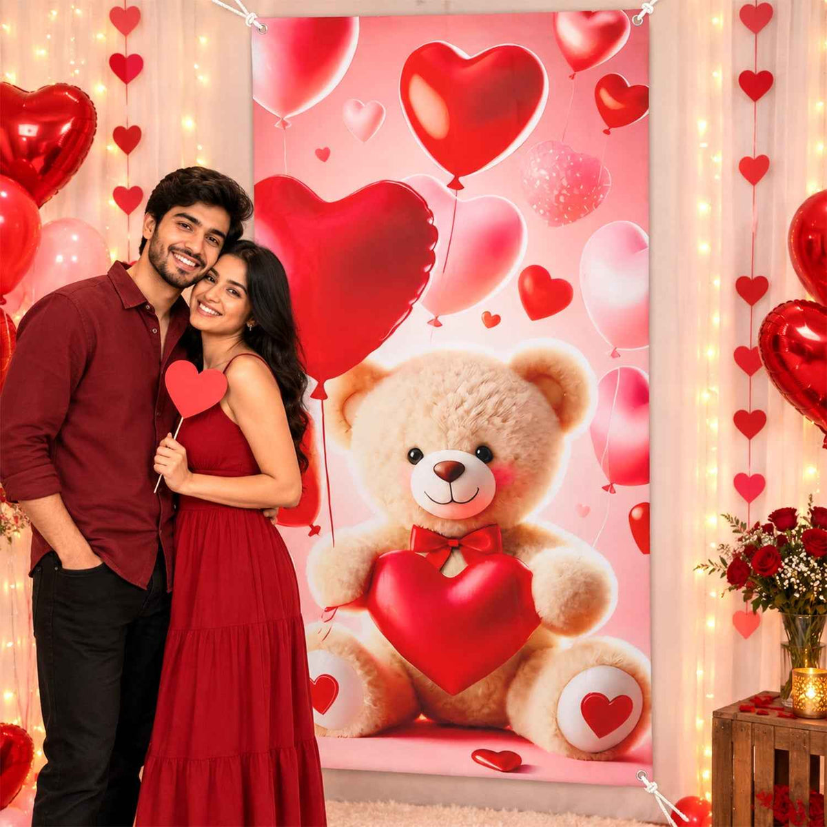 Teddy Bear And Heart Backdrop Curtain For Romantic Party Decoration (210x100 Cm)