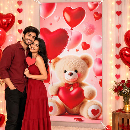 Teddy Bear And Heart Backdrop Curtain For Romantic Party Decoration (210x100 Cm)