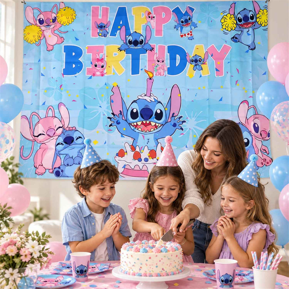 Cartoon Happy Birthday Backdrop Curtain For Kids Party Photo Decor (180x135 Cm)