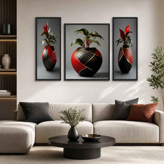 Flower Vase 3 Panel Mdf Wall Frame Home Decor Floral Art 16.5x12in (1 Pc)