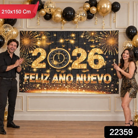 2026 New Year Party Backdrop Curtain Black And Gold (210x150 Cm)