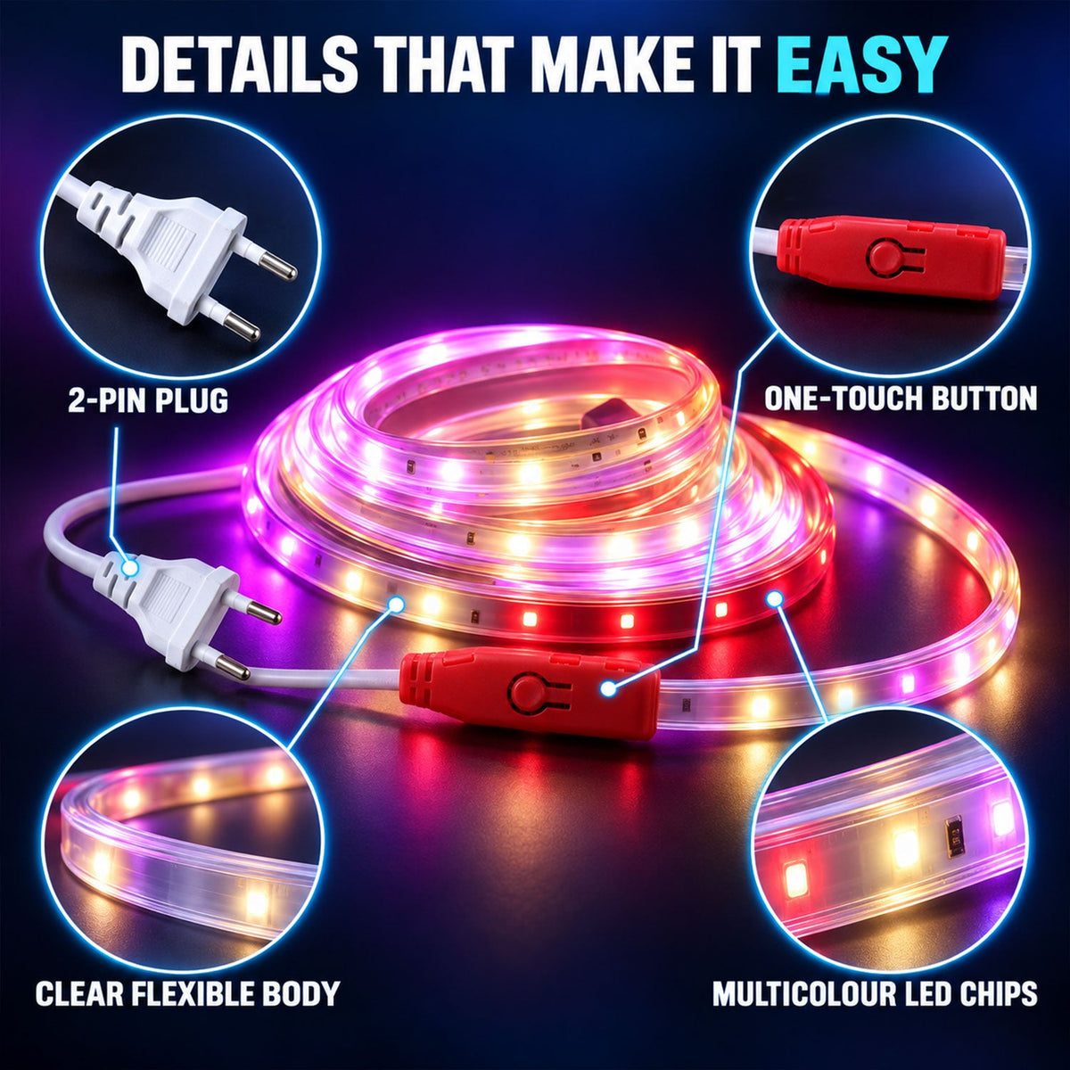 Rgb Decorative Led Running Rope Light With Inline Controller For Home Room Decor
