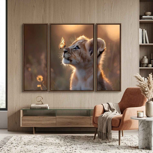 Lion Cub 3 Panel Mdf Wall Frame Wall Art Painting 16.5x12in (1 Pc)