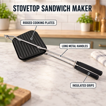 Non-stick Stovetop Sandwich Maker With Ridged Grill Plates And Long Handles (1 Pc)