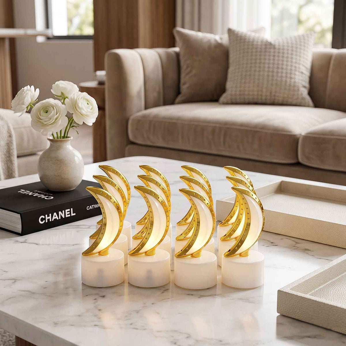 Moon Shape Led Tealight Candle Set Golden Crescent Warm Glow Light (12 Pc)