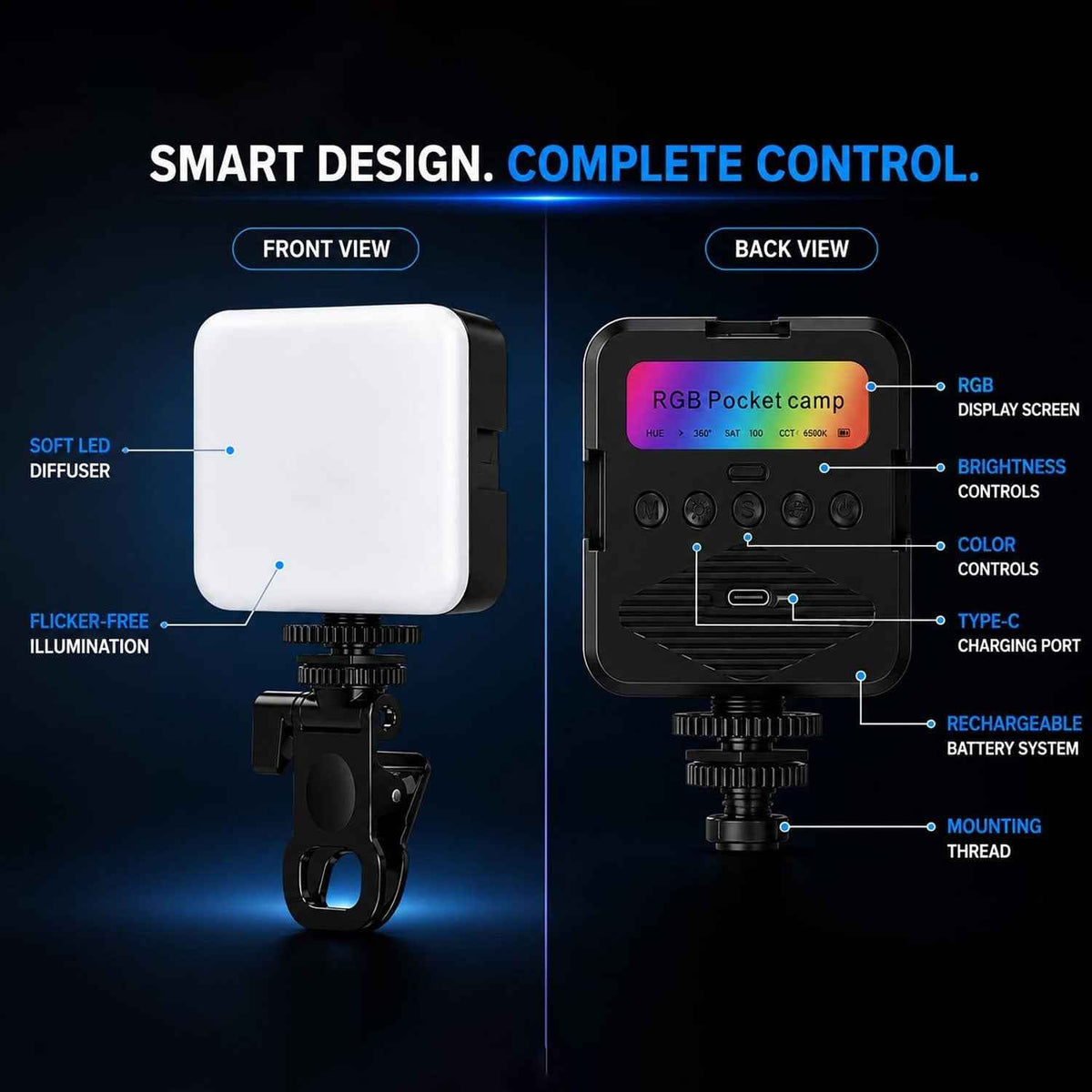 Portable Rechargeable Rgb Camera Led Light With Clip Mount For Content Creation
