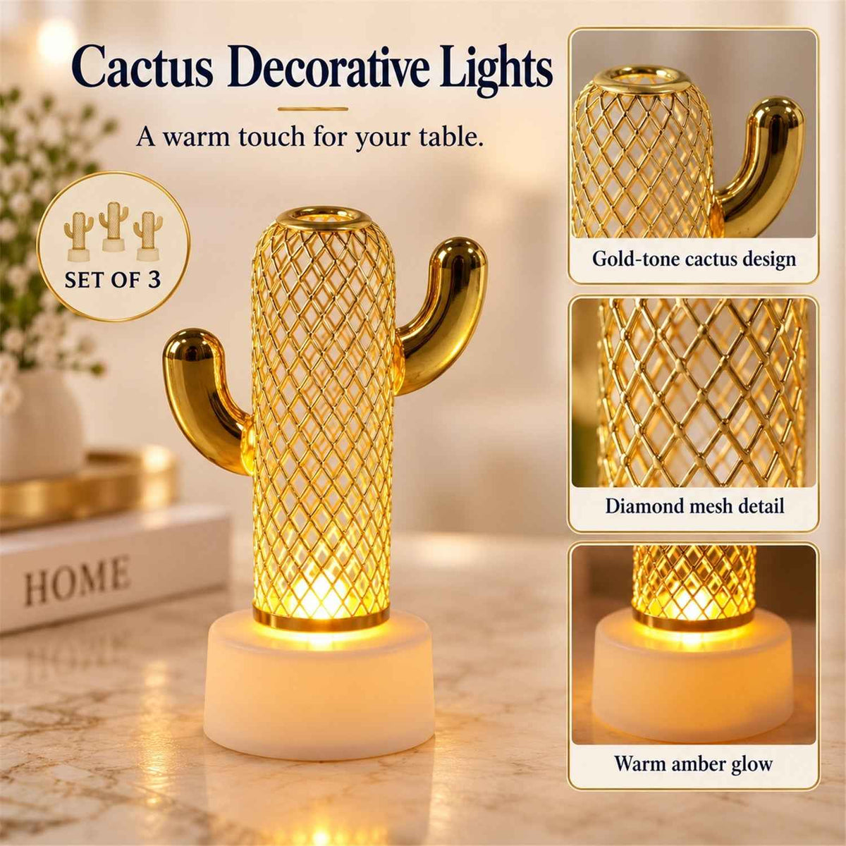 Gold Tone Cactus Flameless Led Candle Lights For Tabletop Decor (3 Pc Set)