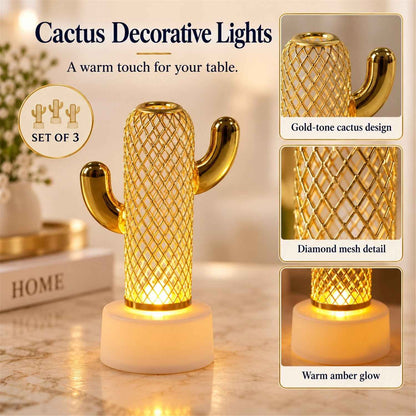 Gold Tone Cactus Flameless Led Candle Lights For Tabletop Decor (3 Pc Set)