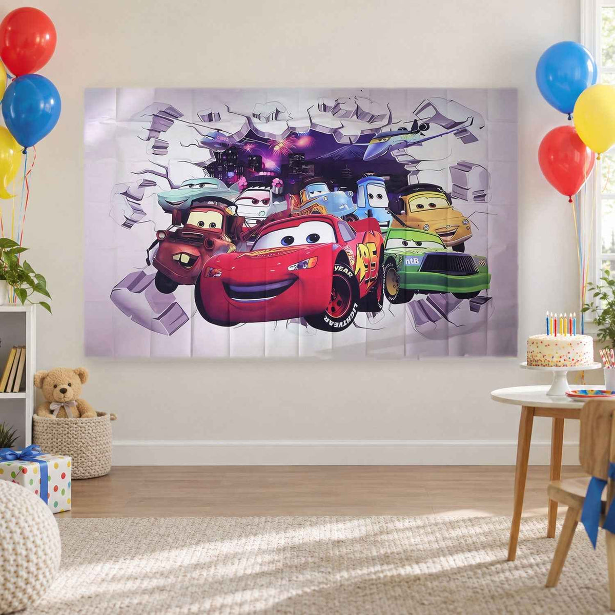 Cartoon Racing Car Backdrop Curtain For Kids Room And Party Decor (210x150 Cm)