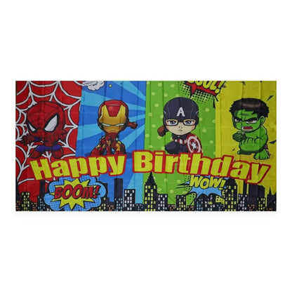 Kids Birthday Party Backdrop Curtain With Cartoon Hero Print (265x117 Cm)