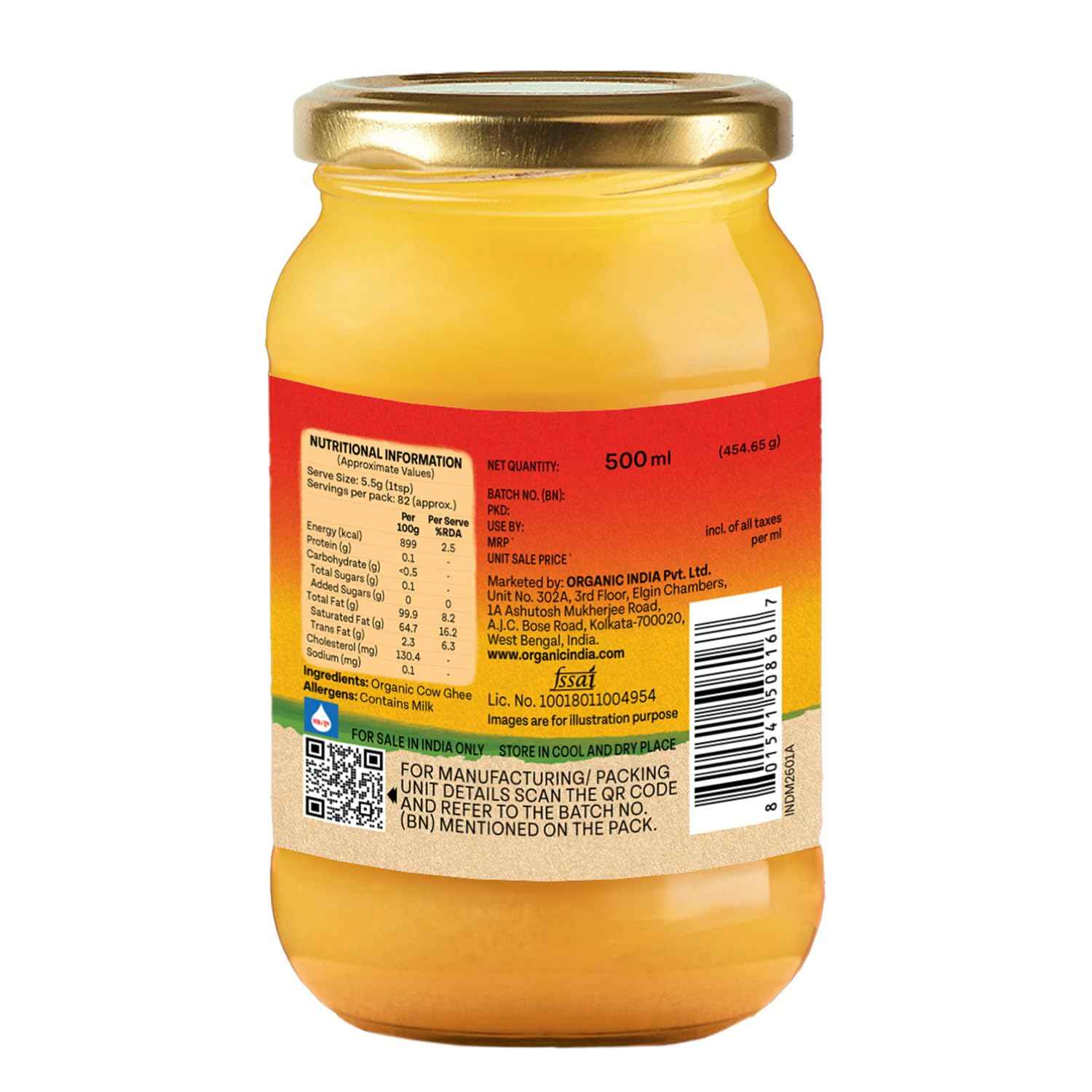 Organic India Pure Cow Ghee, 500ml | Labs Tested on 250+ Parameters | Certified Organic | Glass Bottle |