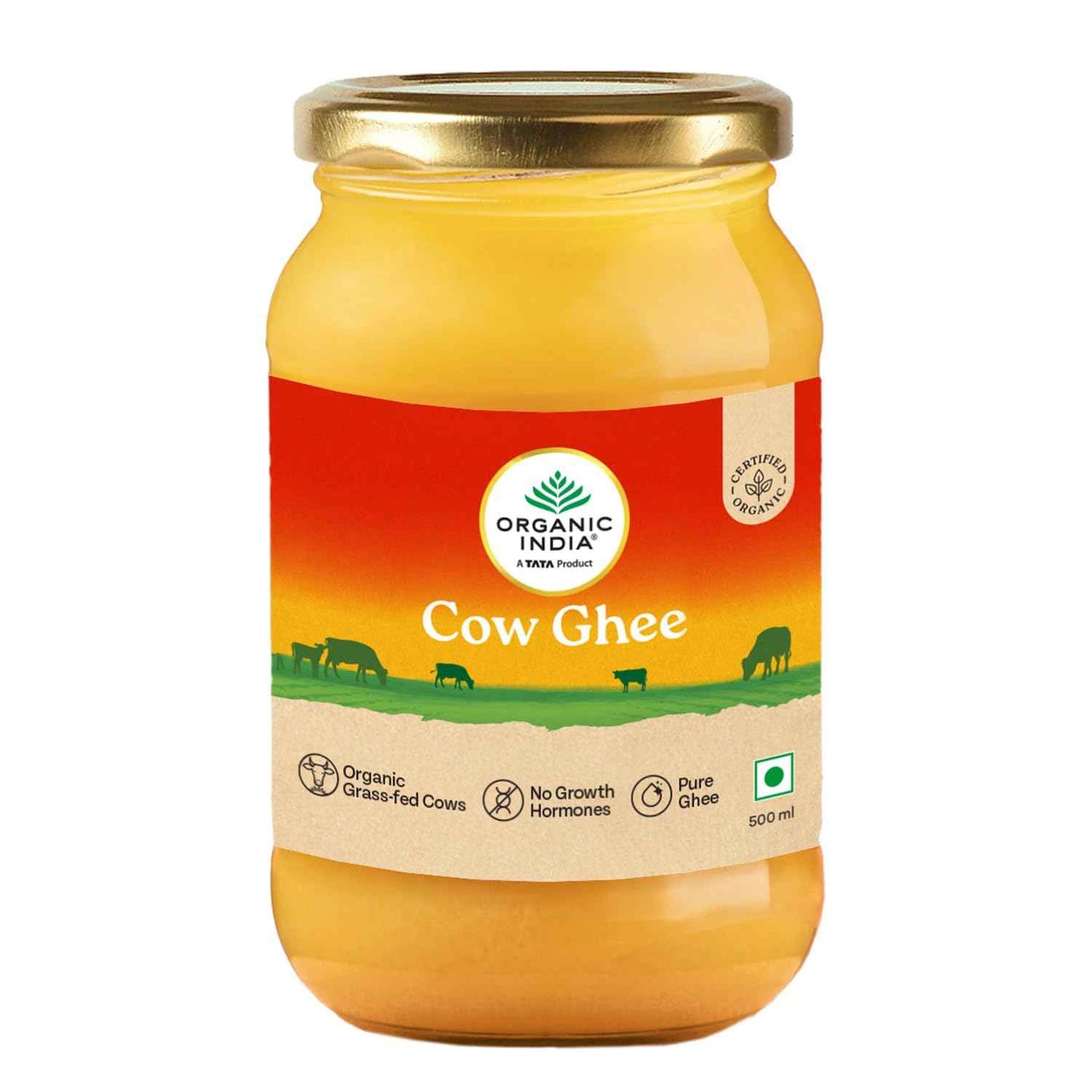 Organic India Pure Cow Ghee, 500ml | Labs Tested on 250+ Parameters | Certified Organic | Glass Bottle |