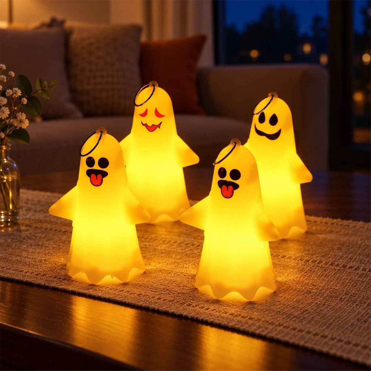 Cute Ghost Led Night Lamps With Hanging Rings For Halloween Decor (4 Pc Set)