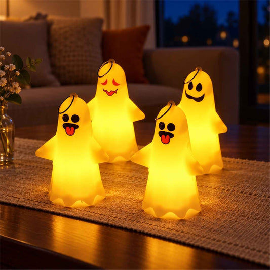 Cute Ghost Led Night Lamps With Hanging Rings For Halloween Decor (4 Pc Set)