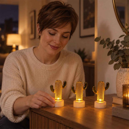 Gold Tone Cactus Flameless Led Candle Lights For Tabletop Decor (3 Pc Set)