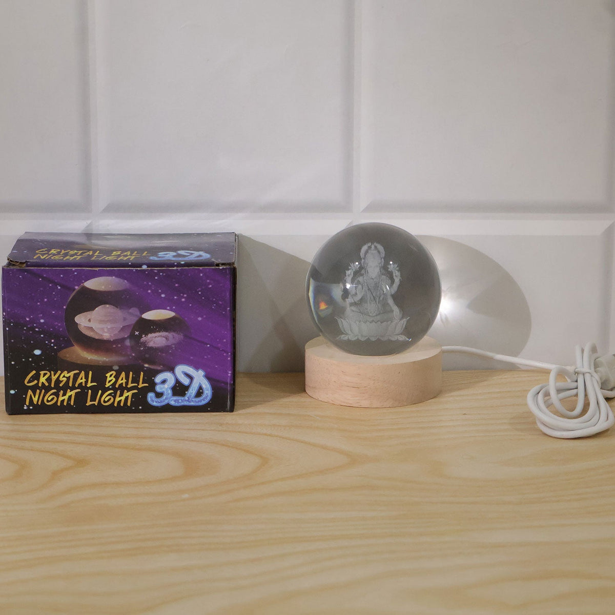 Laxmi Ji 3d Crystal Ball Lamp With Wooden Led Base And Usb Cable For Home Decor