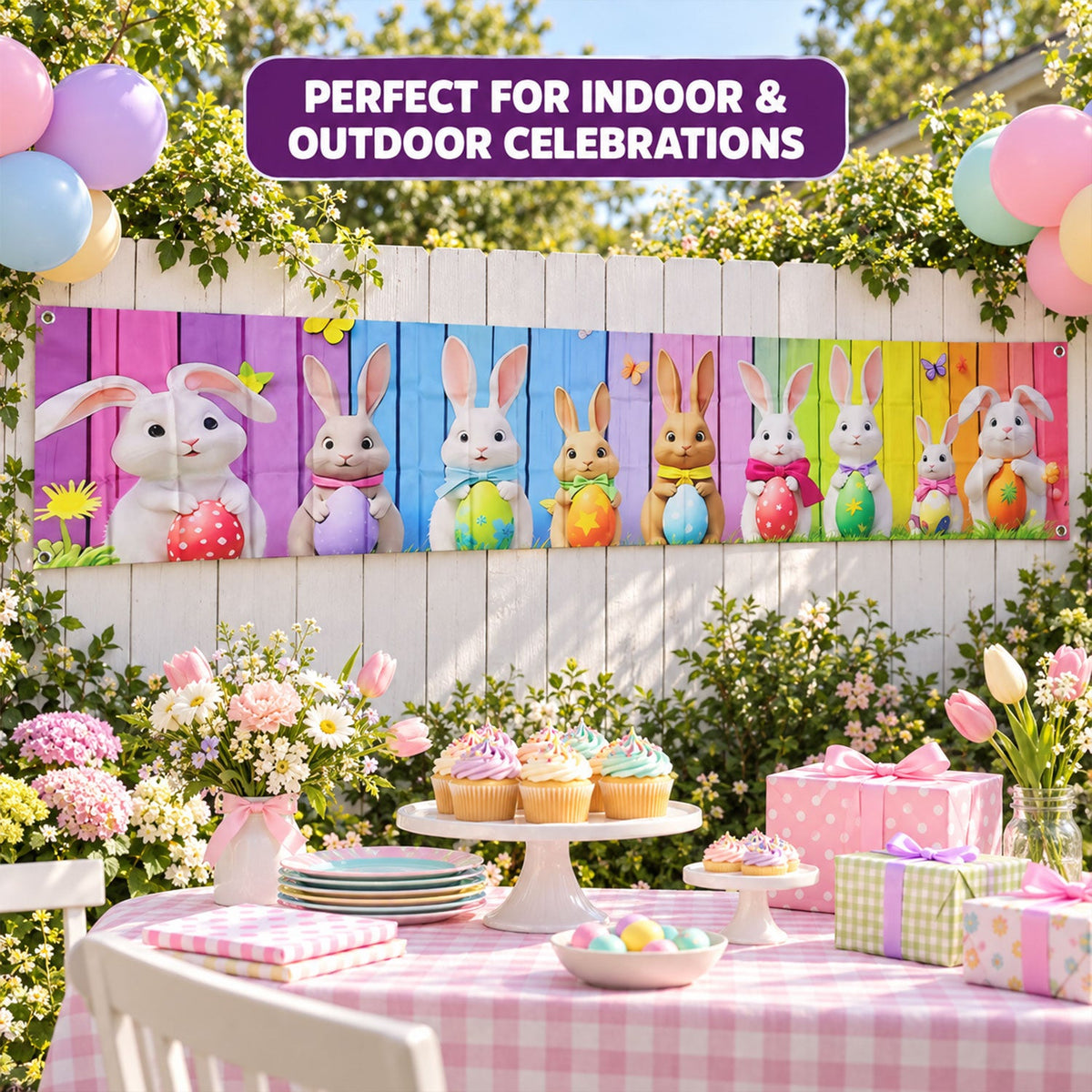 Easter Bunny And Egg Backdrop Curtain For Party Wall And Photo Decor (300x45 Cm)
