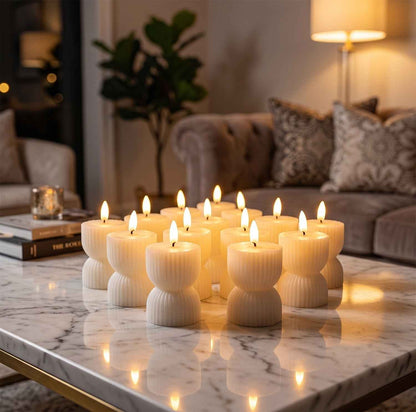 Flameless Led Decorative Candle Set Realistic Flame Ribbed Design (12 Pc)