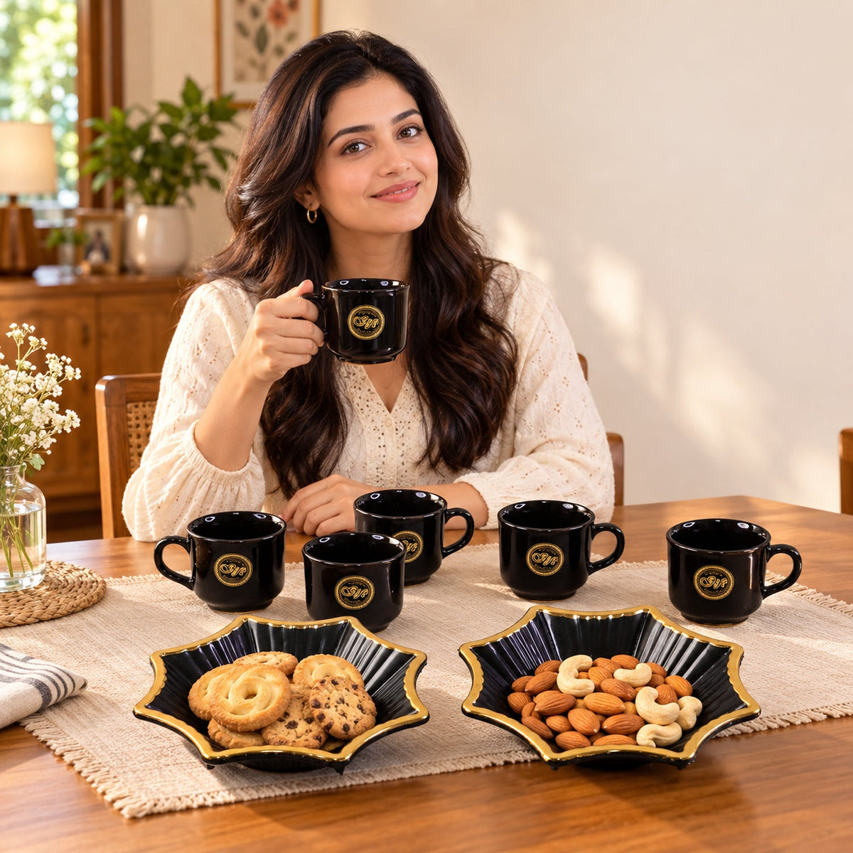Snack Serving Bowl And Tea Cup Set Star Shape Platter Gift Set (8 Pc Set)