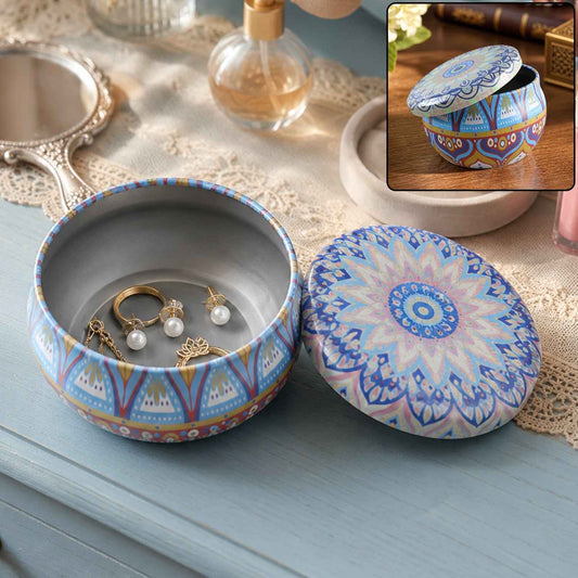 Metal Mandala Tin Box Decorative Round Container For Candle And Trinkets (1 Pc)