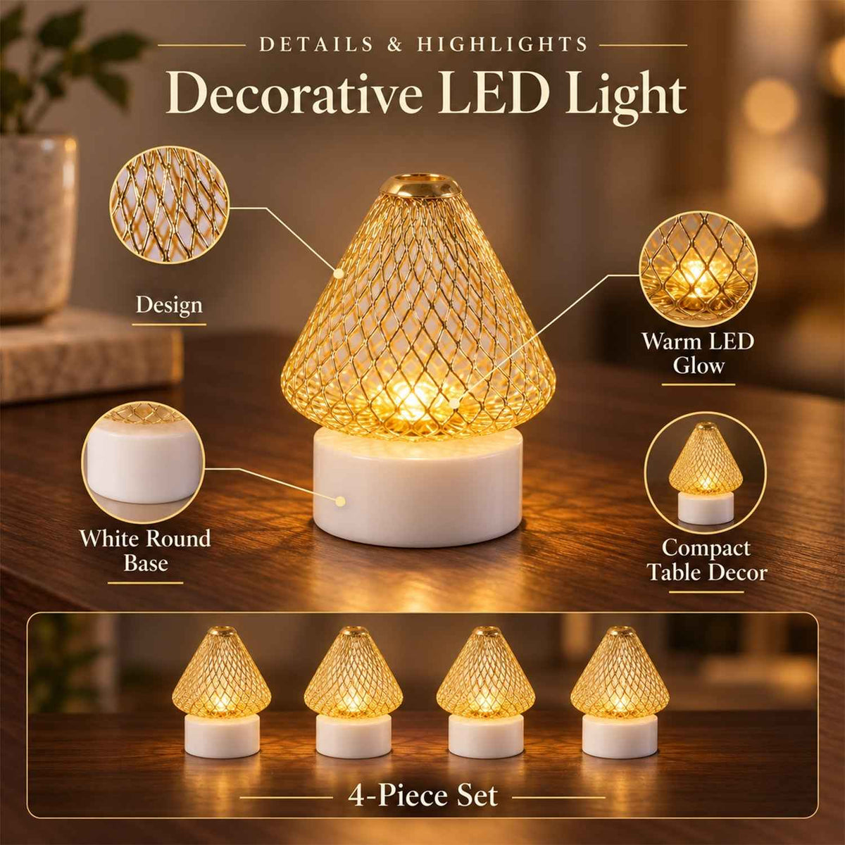 Antique Style Golden Led Tealight Lamps For Festive Table Decoration (4 Pc Set)