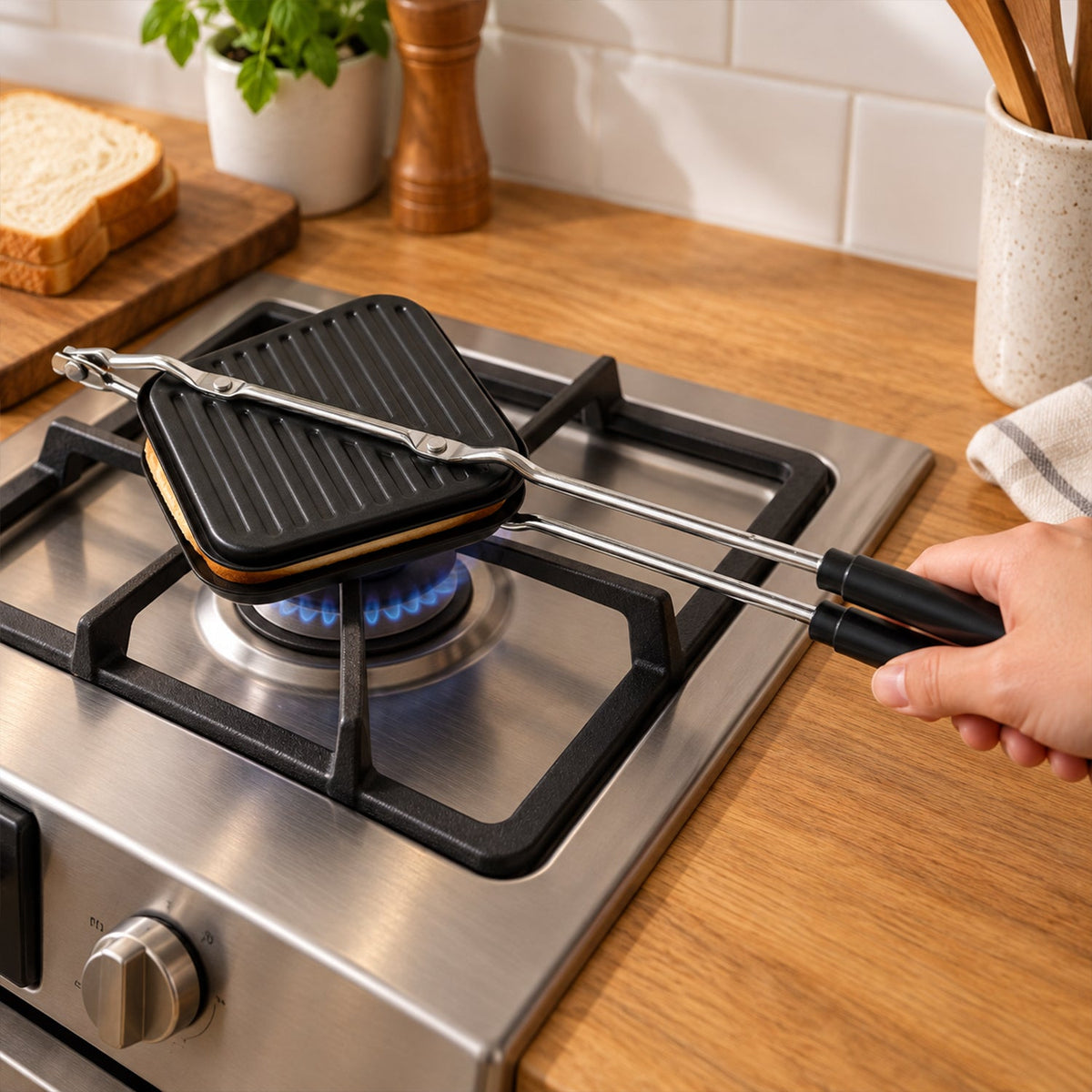 Non-stick Stovetop Sandwich Maker With Ridged Grill Plates And Long Handles (1 Pc)