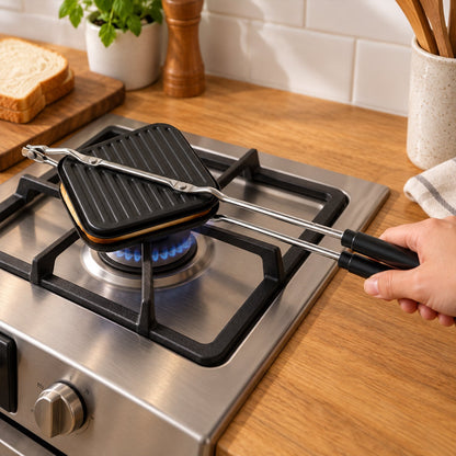 Non-stick Stovetop Sandwich Maker With Ridged Grill Plates And Long Handles (1 Pc)