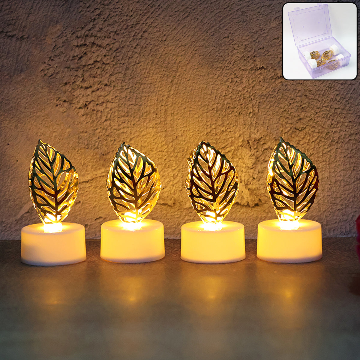 Decorative Golden Leaf Shaped Flameless Led Candles (4 Pc)
