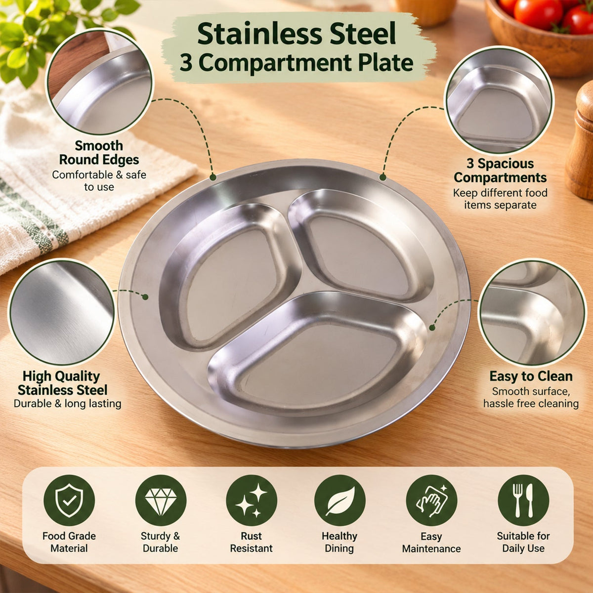 Stainless Steel 3 Compartment Plate For Meals And Snacks (1 Pc 25.5 X 25.5 Cm)