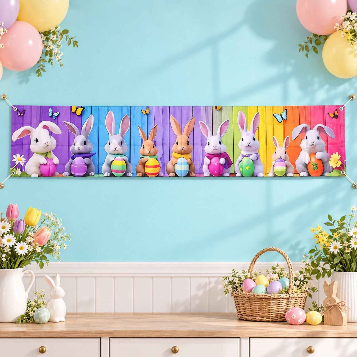 Easter Bunny And Egg Decoration Backdrop Curtain For Walls And Porch (200x40 Cm)