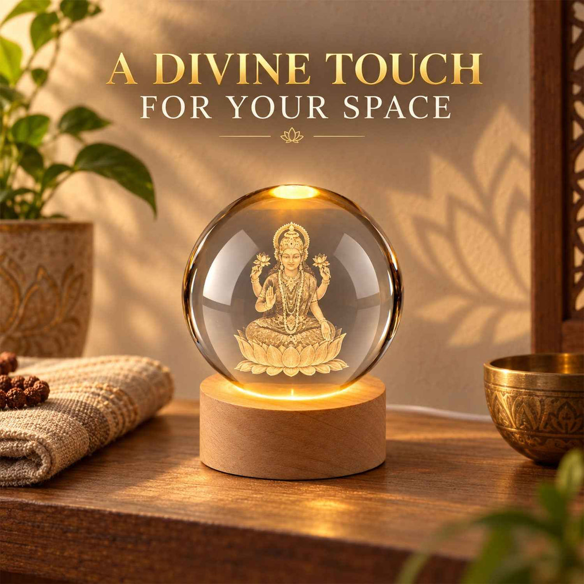 Laxmi Ji 3d Crystal Ball Lamp With Wooden Led Base And Usb Cable For Home Decor