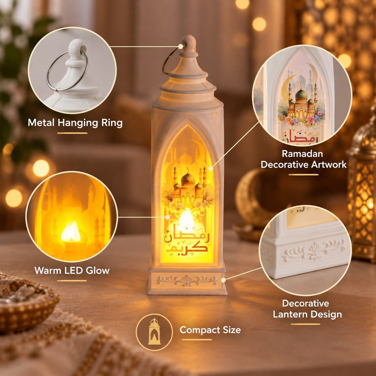 Ramadan Flameless Led Candle Lantern For Hanging And Table Decor (3 Pc)