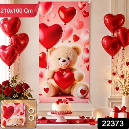 Teddy Bear And Heart Backdrop Curtain For Romantic Party Decoration (210x100 Cm)