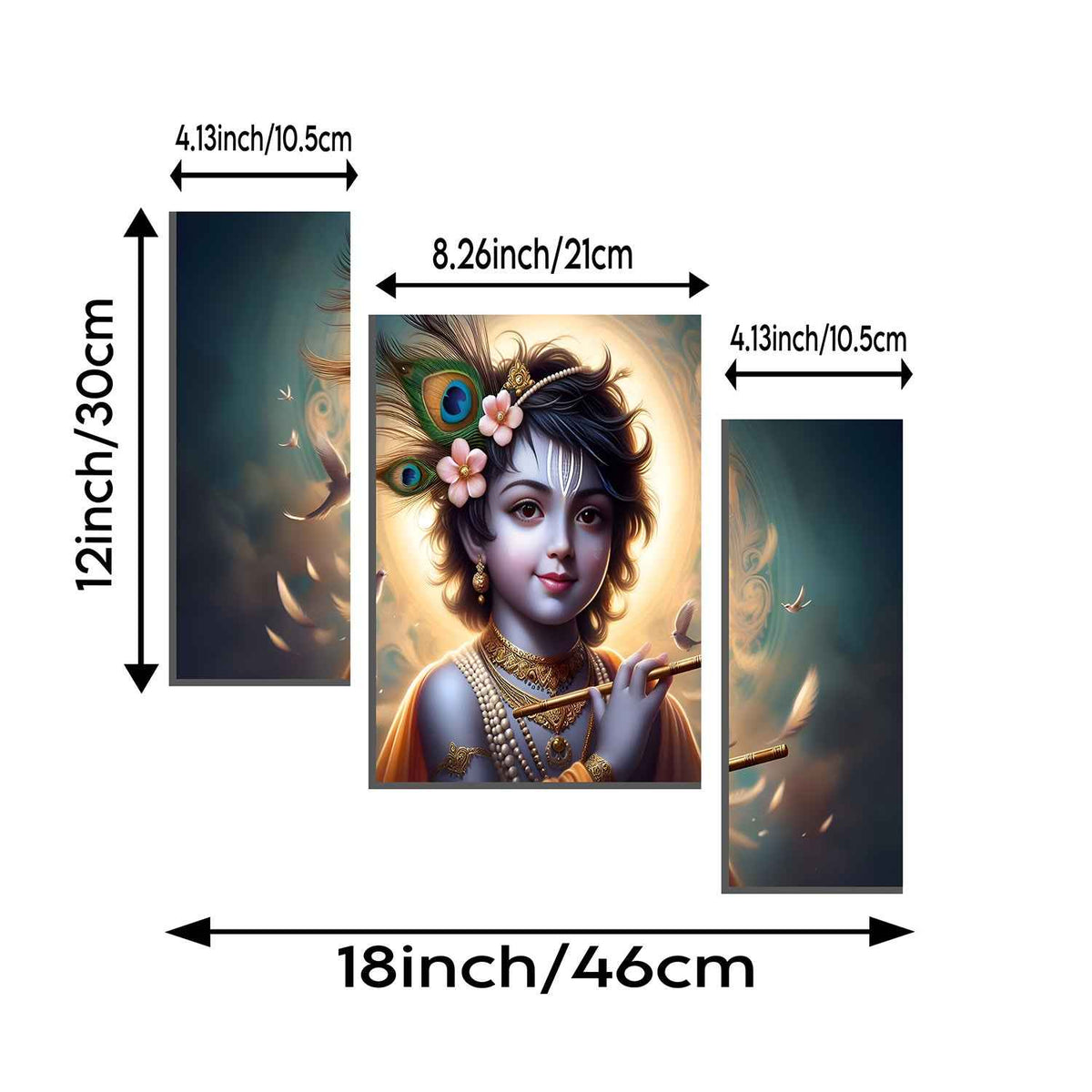 Krishna N Flute 3 Panel Mdf Wall Frame Wall Art Painting 16.5x12in (1 Pc)