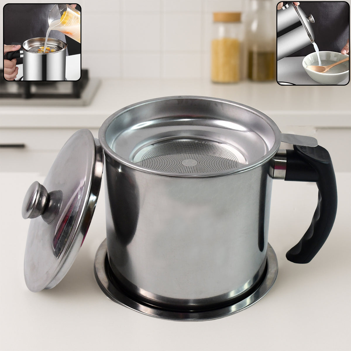 Stainless Steel Oil Strainer Pot With Lid And Filter Mesh (1 Set)
