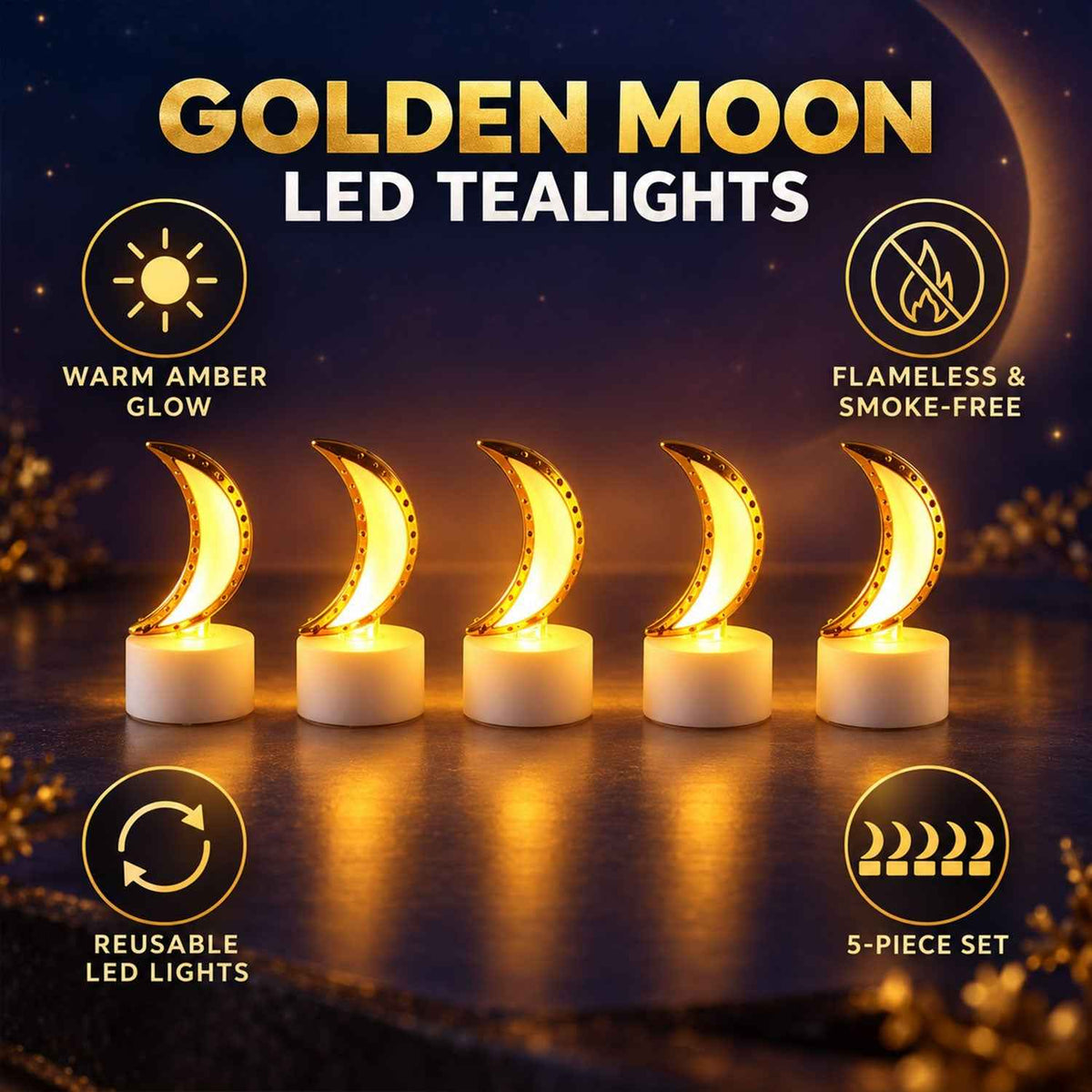 Moon Shape Flameless Led Tealight Candles For Festive Home Decor (5 Pc Set)
