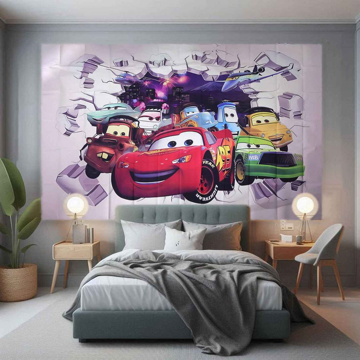Cartoon Racing Car Backdrop Curtain For Kids Room And Party Decor (210x150 Cm)