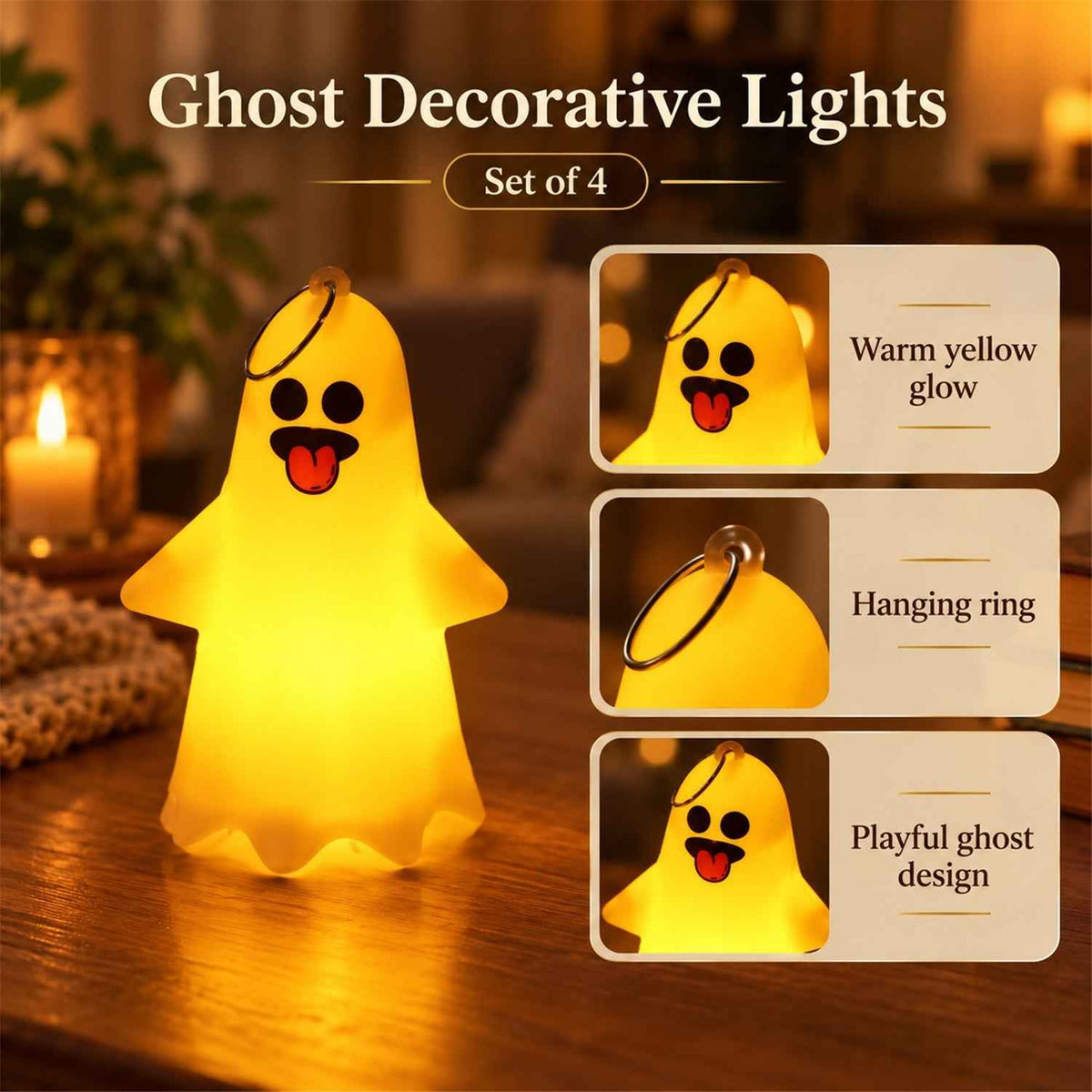 Cute Ghost Led Night Lamps With Hanging Rings For Halloween Decor (4 Pc Set)