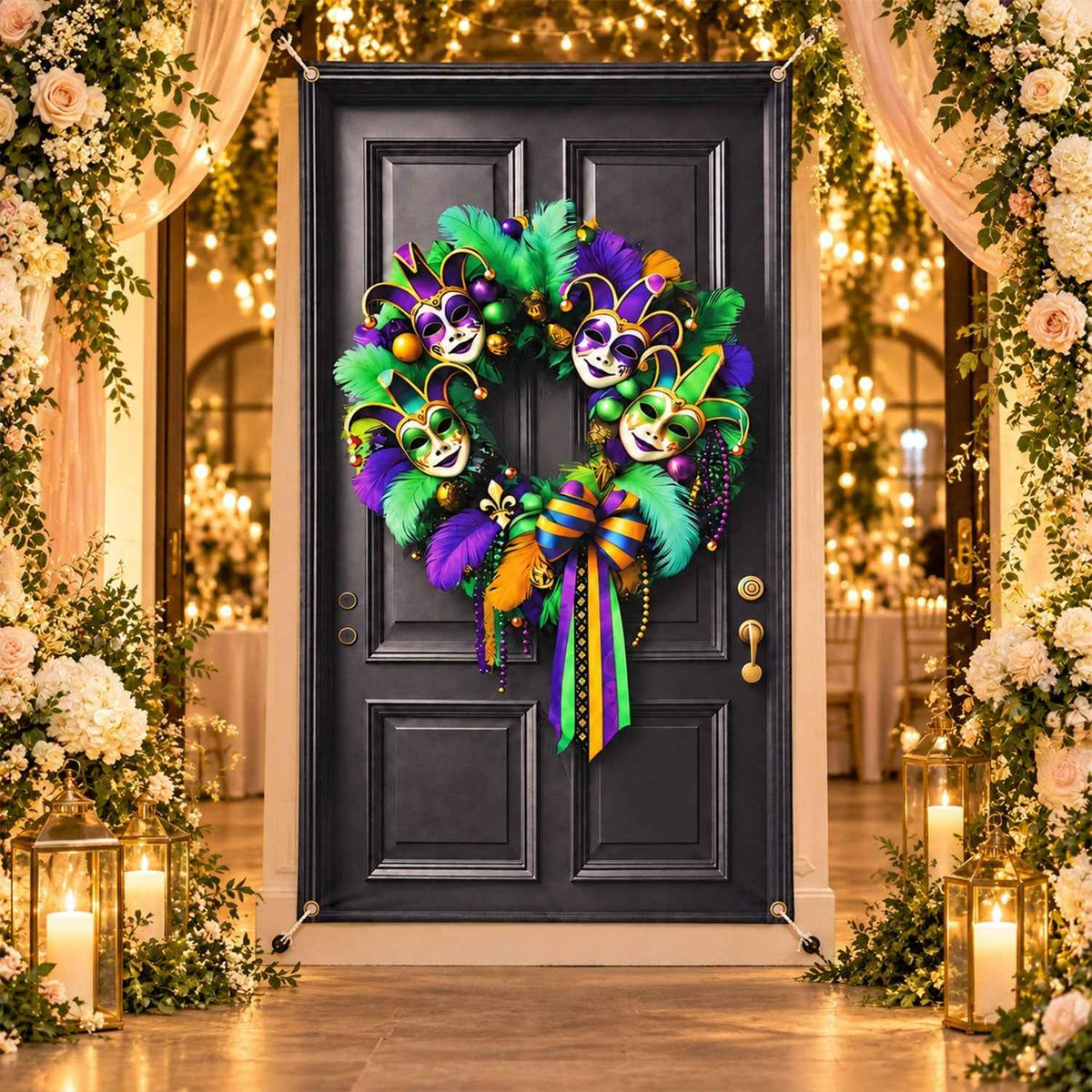 Mardi Gras Door Backdrop Curtain With Printed Wreath For Party Decor (210x110 Cm)