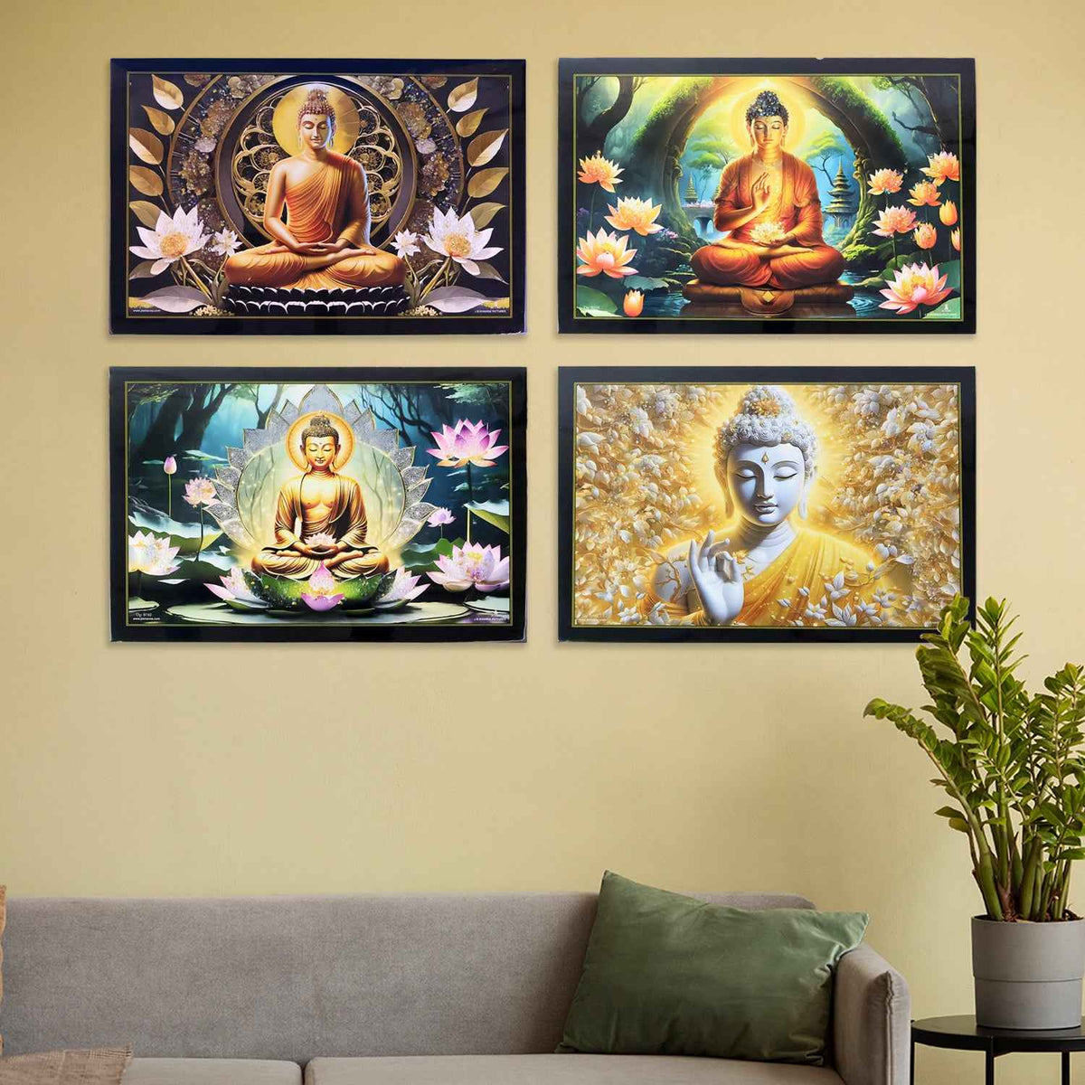 Decorative Lord Buddha Wall Painting With Wooden Frame Mix Design 45x30 Cm Approx (1 Pc)