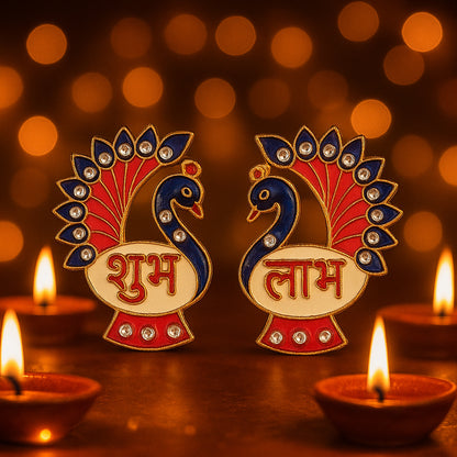 Decorative Peacock Design Shubh Labh Wall Hanging (2 Pc)