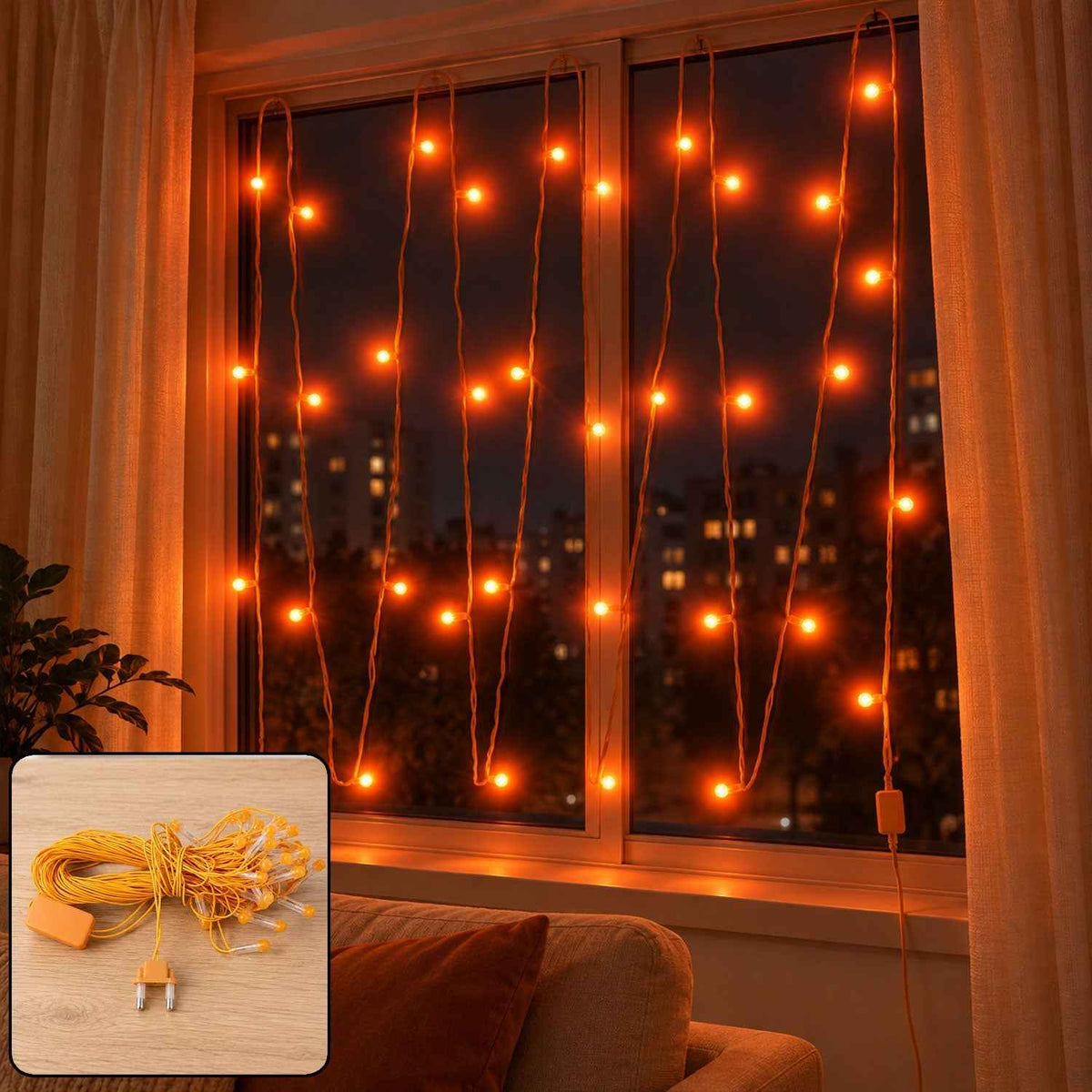 Orange Led Curtain String Lights For Festival And Party Decor (10 Mtr)