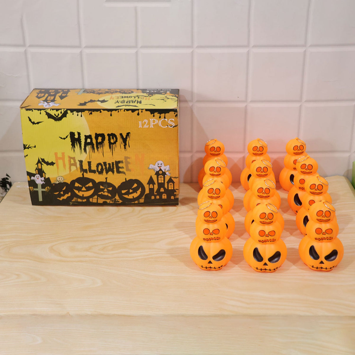 Halloween Three Tier Pumpkin Led Lights For Hanging And Table Decor (12 Pc Set)
