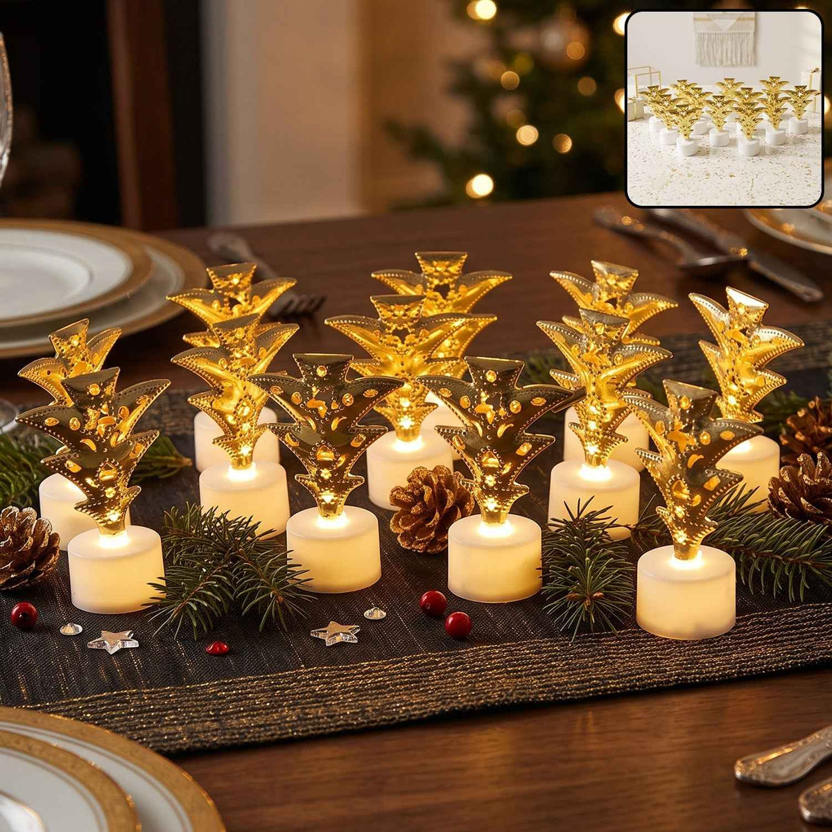 Golden Christmas Tree Led Tealight Candles For Home And Festive Decor (12 Pc Set)