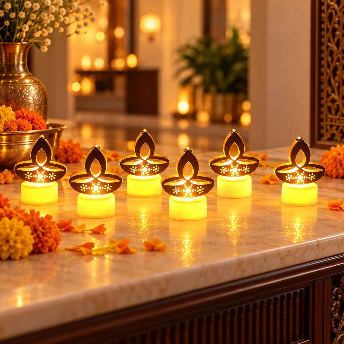 Golden Diya Led Tealight Candles For Diwali Puja And Home Decor (6 Pc Set)