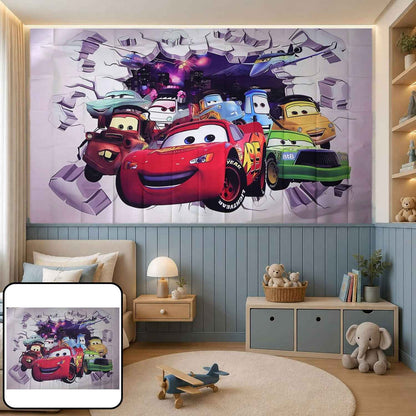Cartoon Racing Car Backdrop Curtain For Kids Room And Party Decor (210x150 Cm)
