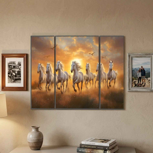 Horses Sunset 3 Panel Mdf Wall Frame Wall Art Painting 16.5x12in (1 Pc)