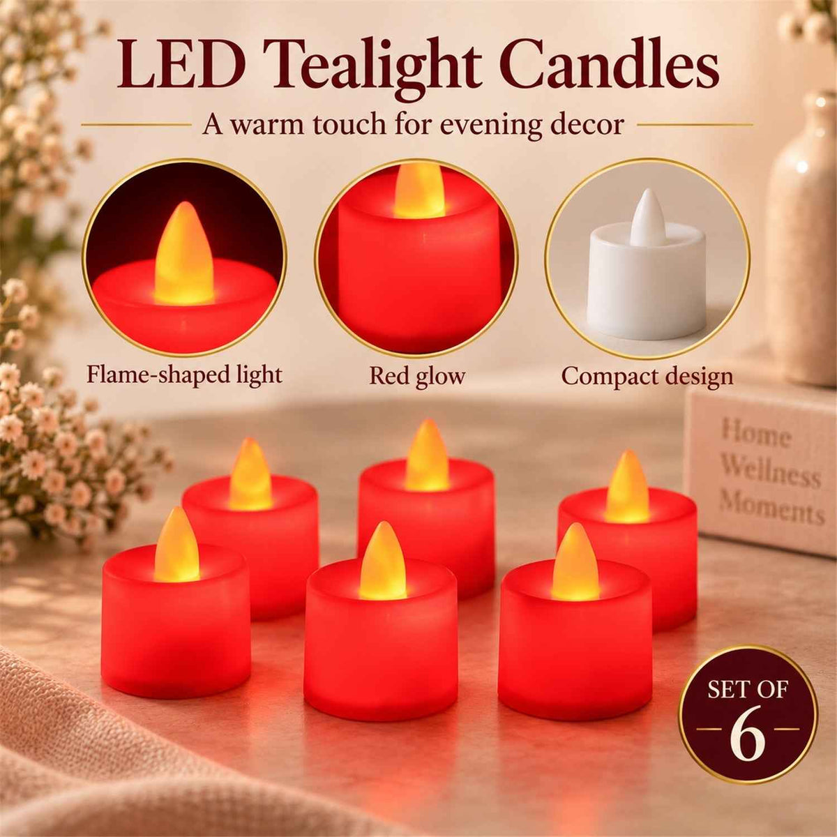 Red Glow Flameless Led Tealight Candles For Festive Home Decor (6 Pc Set)